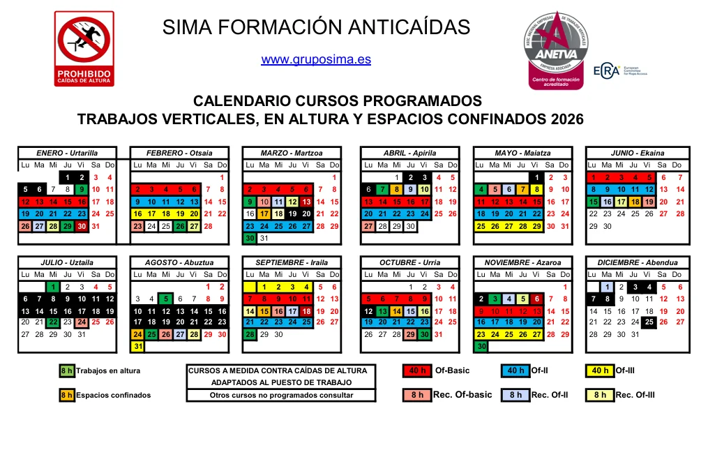 Calendario Cursos programados trabajos verticales en altura y espacios confinados Grupo Sima 2026