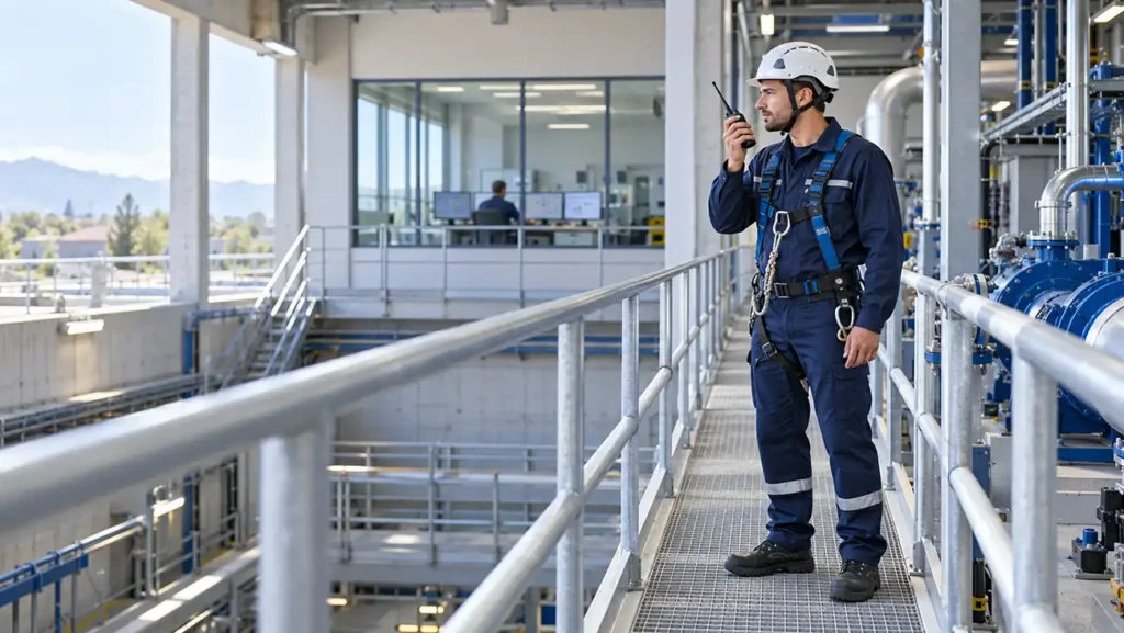 Trabajador industrial con arnés comunicándose por radio durante un trabajo en solitario