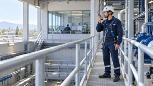 Trabajador industrial con arnés comunicándose por radio durante un trabajo en solitario