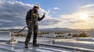 Profesional evaluando el viento y la temperatura antes de realizar un trabajo en altura